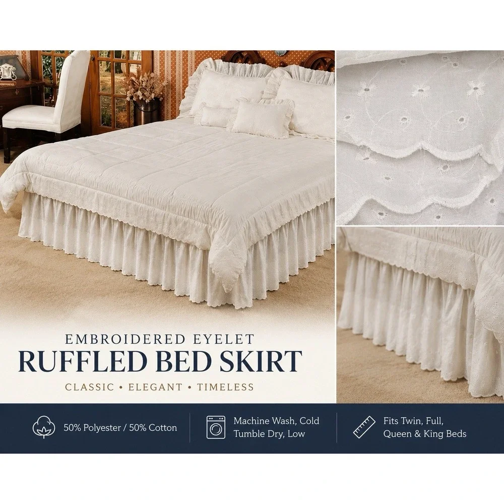 VTG White Eyelet Lace Ruffle Cotton Blend Bedskirt King 18